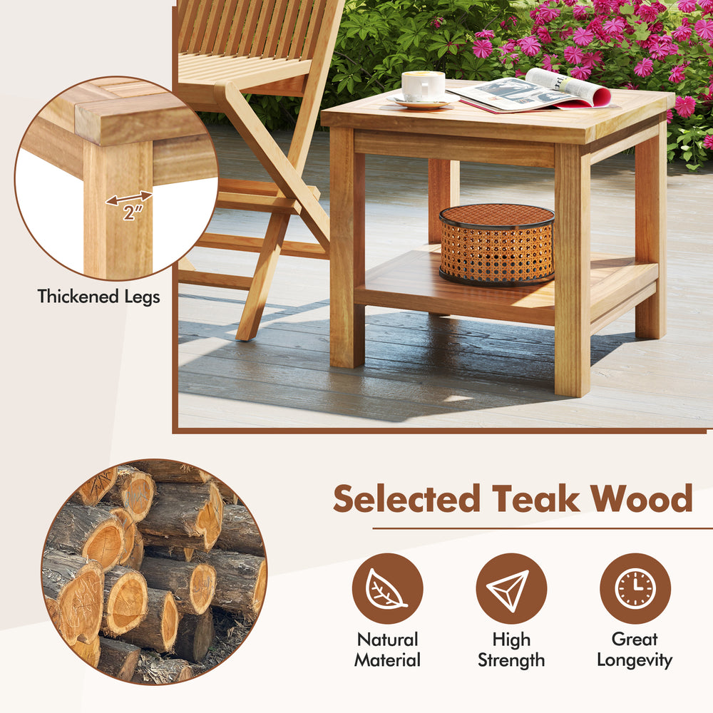 Teak wood square side table with open shelf, featuring thickened legs and a smooth surface for indoor or outdoor use.