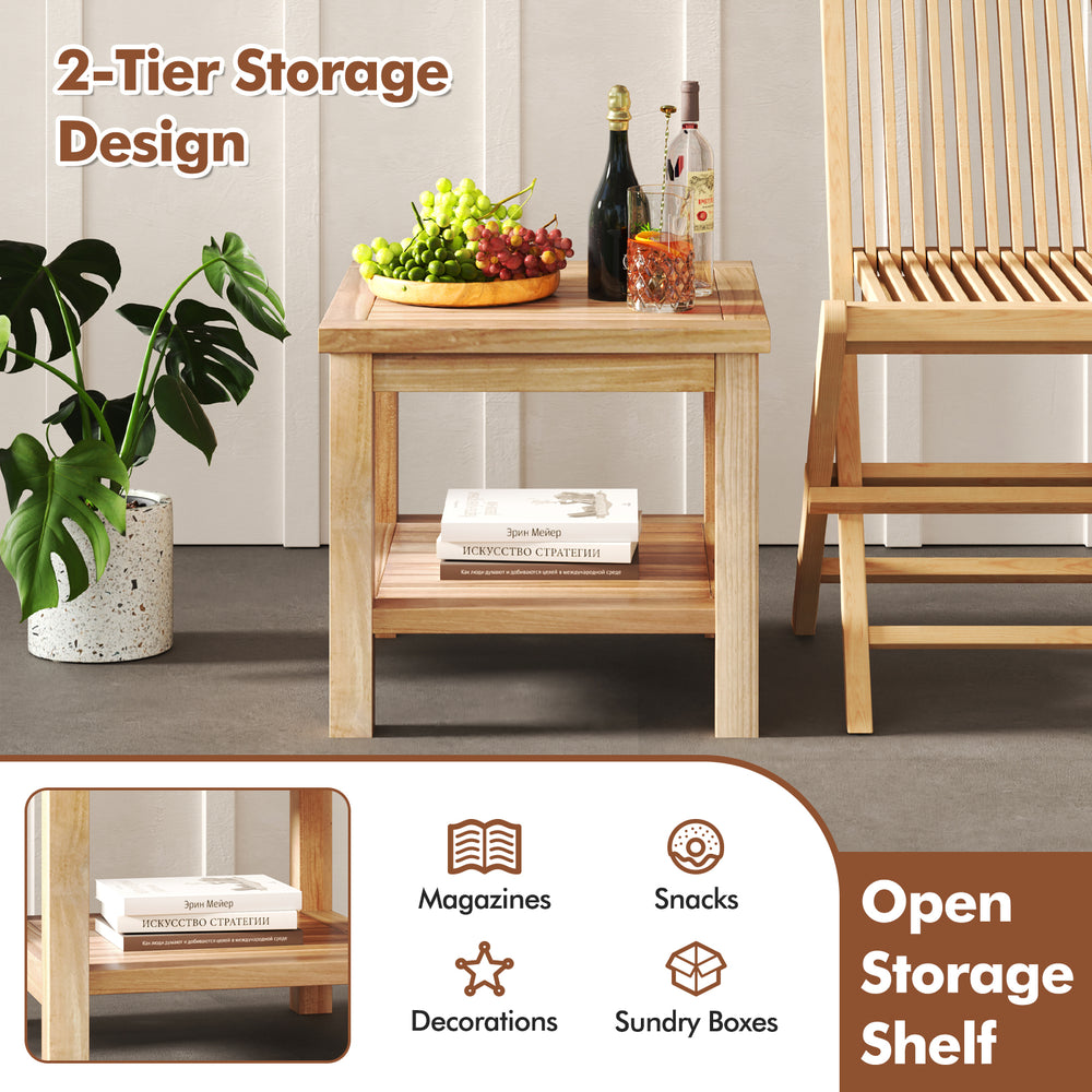 Teak wood square side table with open shelf, featuring a 2-tier design, perfect for small spaces and versatile use.