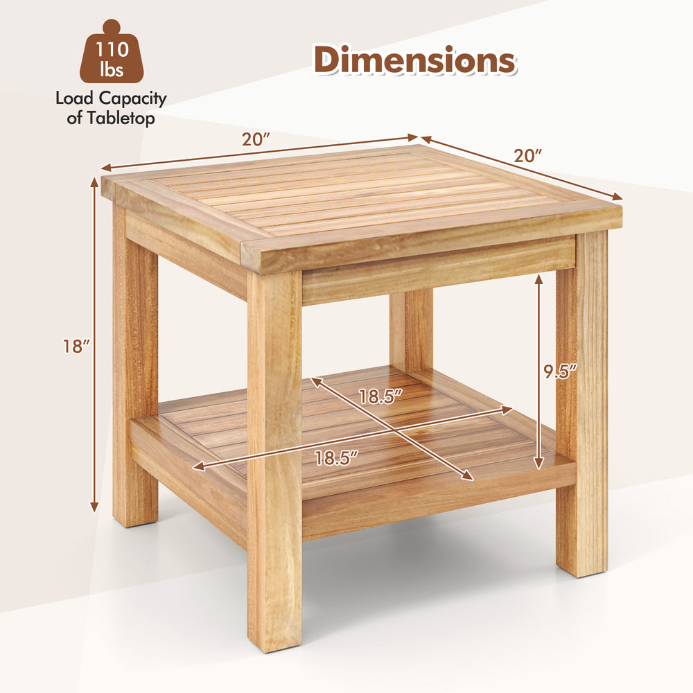 Teak wood square side table with open shelf, featuring a 2-tier design and dimensions of 20" x 20" x 18" for small.
