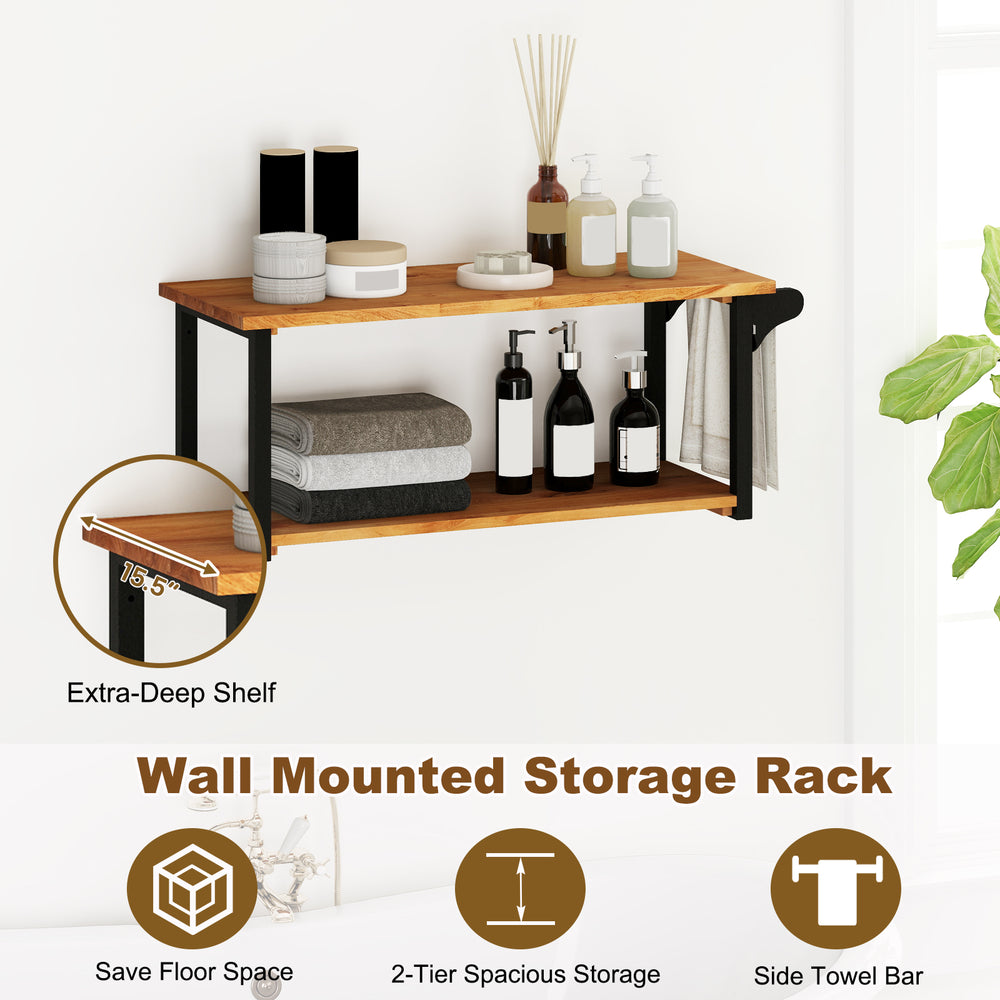 Teak wood wall mounted floating shelves with towel bar, featuring 2 tiers for storage and a waterproof surface for easy.