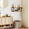 Teak wood wall-mounted floating shelf with a towel bar, showcasing a stylish design and ample space for decorative.