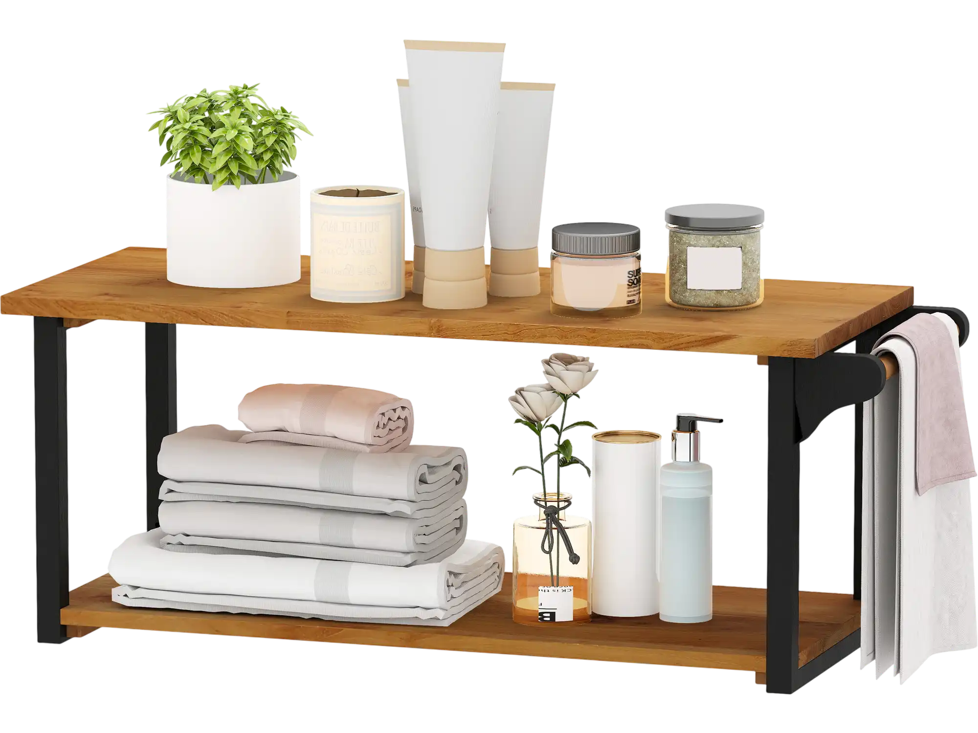 Costway Teak Wood Wall Mounted Floating Shelf with Towel Bar 385946172 New