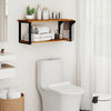 Teak wood wall-mounted floating shelves with towel bar, featuring two deep tiers for storage, ideal for bathroom use.