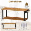 Teak wood wall-mounted floating shelf with towel bar, featuring two tiers and pre-drilled holes for easy installation.