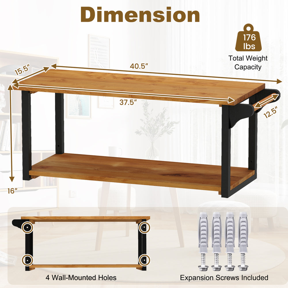 Teak wood wall-mounted floating shelf with towel bar, featuring two tiers and pre-drilled holes for easy installation.