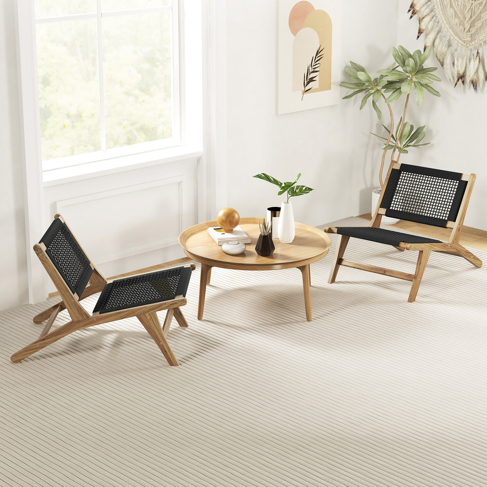 Teak wooden chair with handwoven cordage seat, perfect for indoor or outdoor seating in a stylish setting.