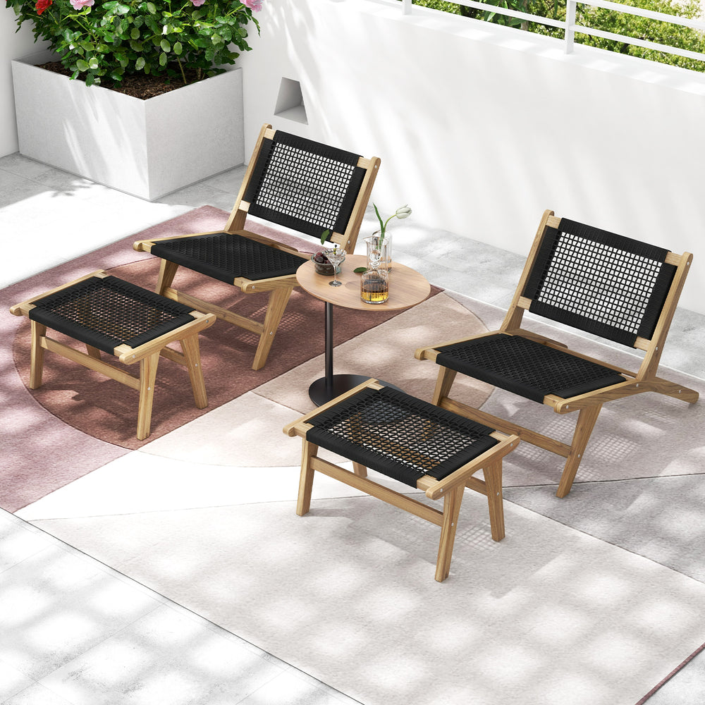 Teak wooden chairs with handwoven cordage seats and backrests, perfect for indoor and outdoor seating.