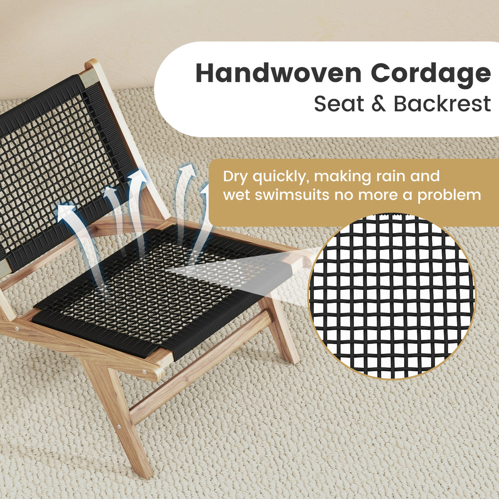 Teak wooden chair featuring a handwoven cordage seat and backrest, designed for comfort and durability in indoor or.