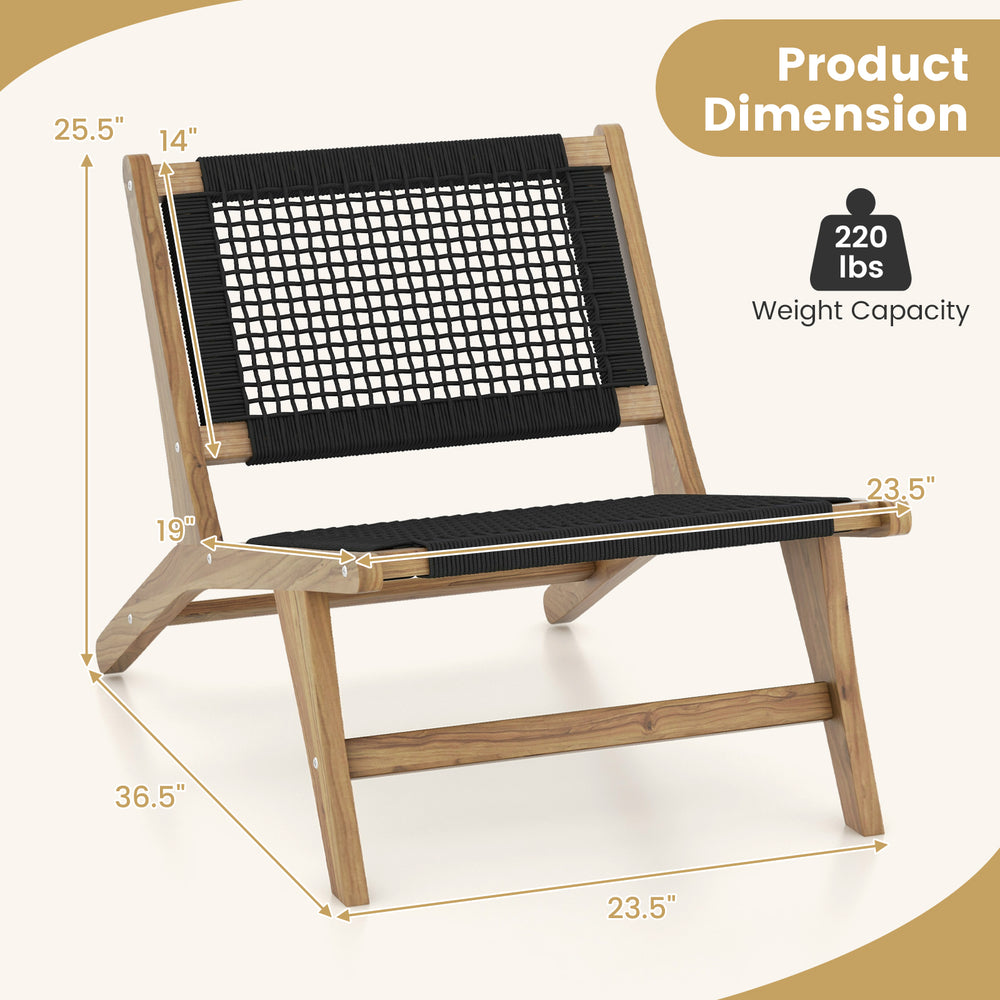Teak wooden chair with handwoven cordage seat, ergonomic backrest, and smooth edges, suitable for indoor and outdoor.