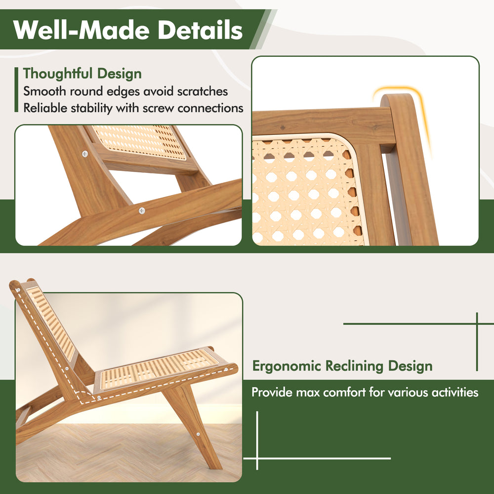Teak wooden chair with handwoven rattan seat, featuring smooth edges and ergonomic design for indoor comfort.