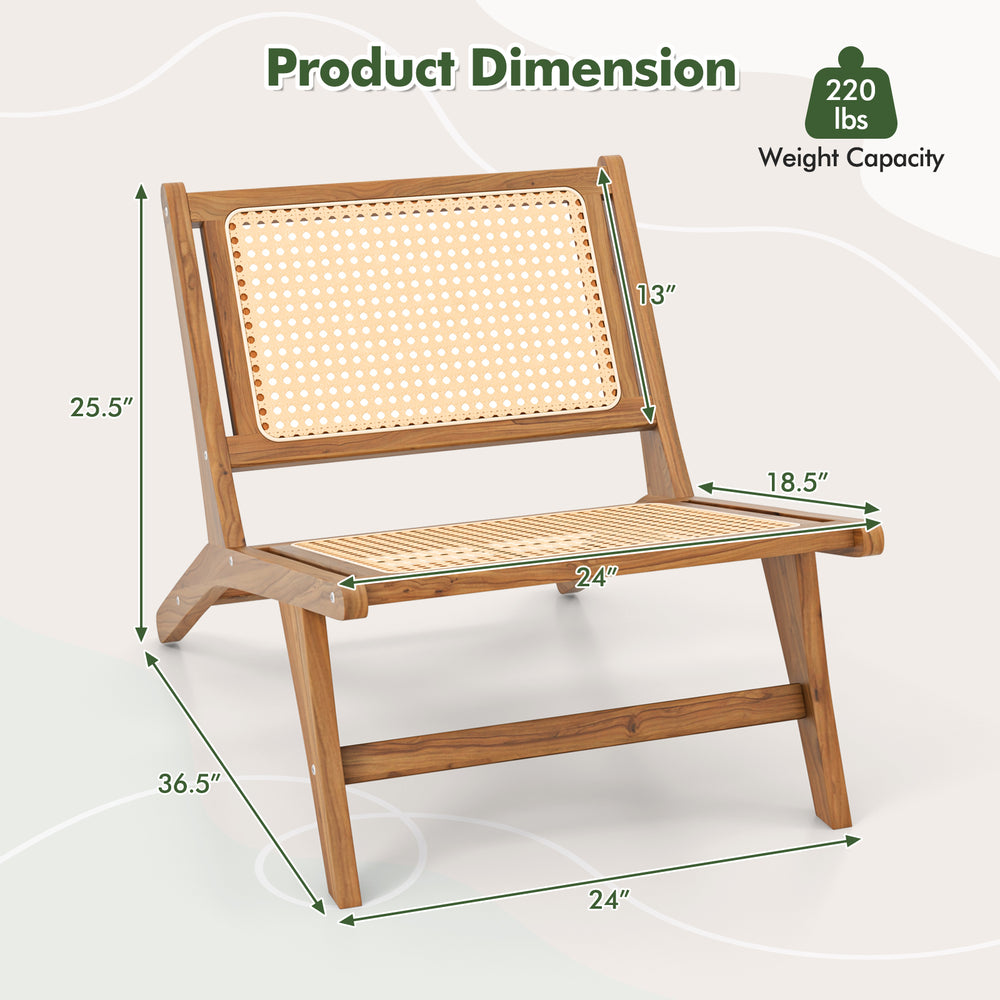 Teak wooden chair with handwoven rattan seat and backrest, featuring ergonomic design and 220 lbs weight capacity.