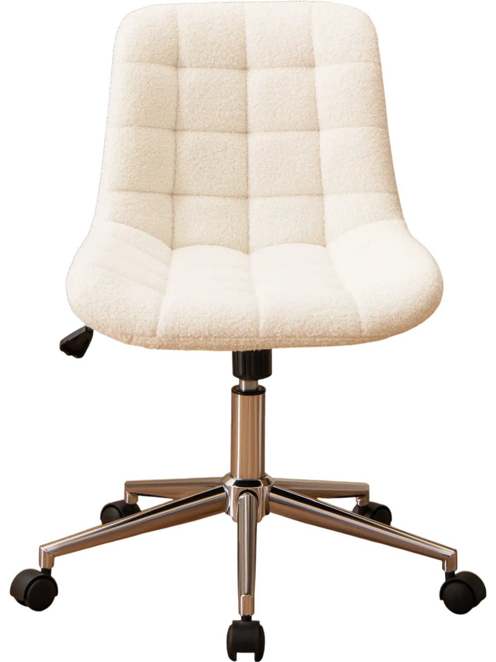 Armless white Teddy fleece office chair with adjustable height and sturdy metal base, ideal for small spaces.