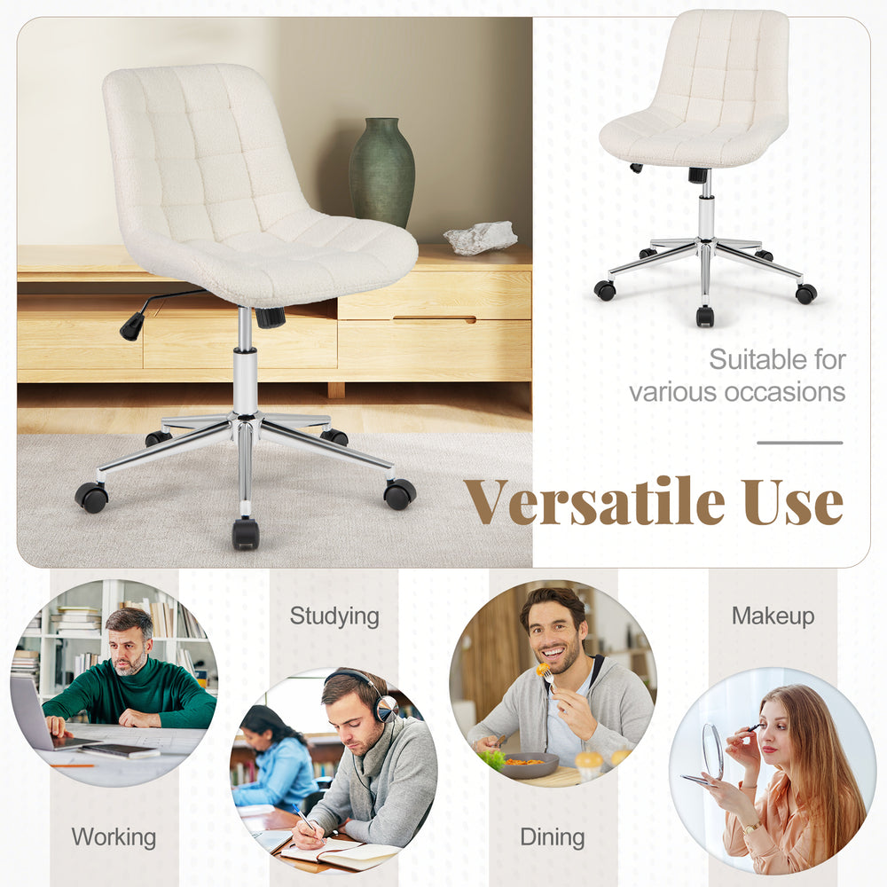 Armless white Teddy fleece office chair with adjustable height, ideal for makeup vanity or small spaces.