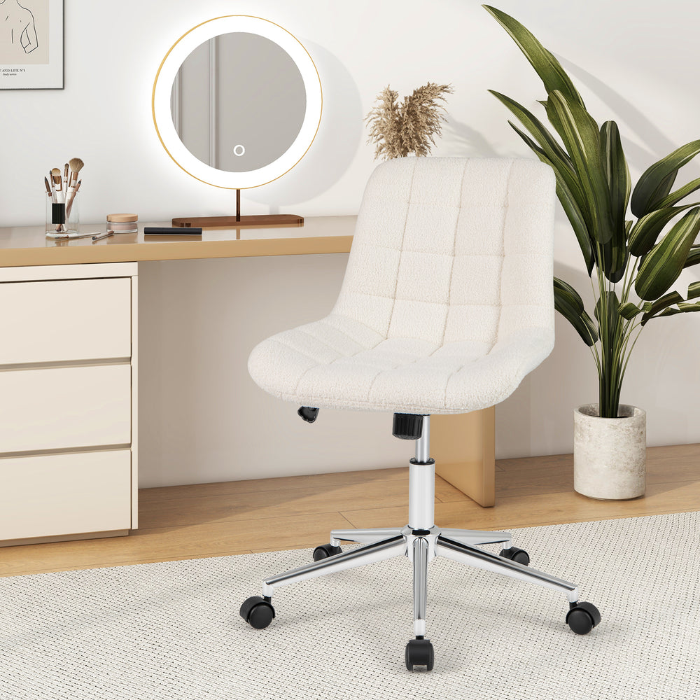 Armless white Teddy Fleece office chair with adjustable height and ergonomic design, ideal for small spaces.