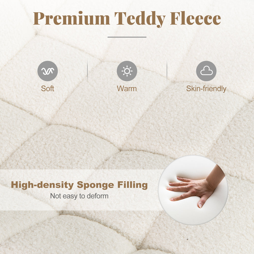Close-up of the soft teddy fleece texture and high-density sponge filling of the white armless office chair for comfort.