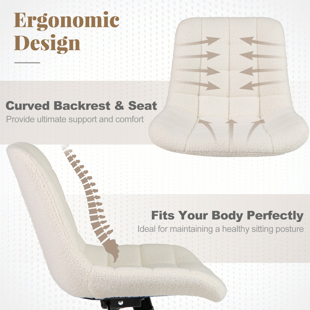 Ergonomic armless office chair with curved backrest and seat, featuring soft boucle for ultimate comfort and support.