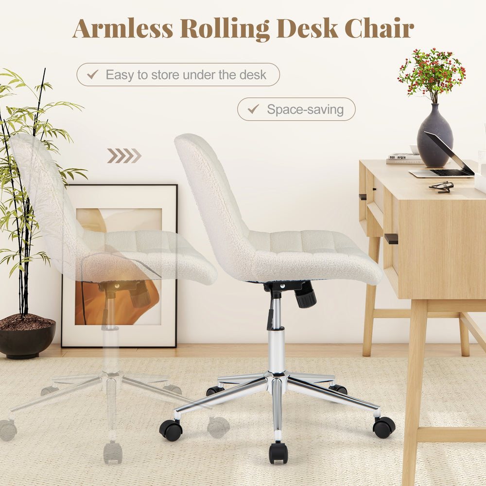 Armless Teddy Fleece office chair with adjustable height and sturdy metal base, ideal for small spaces and comfort.
