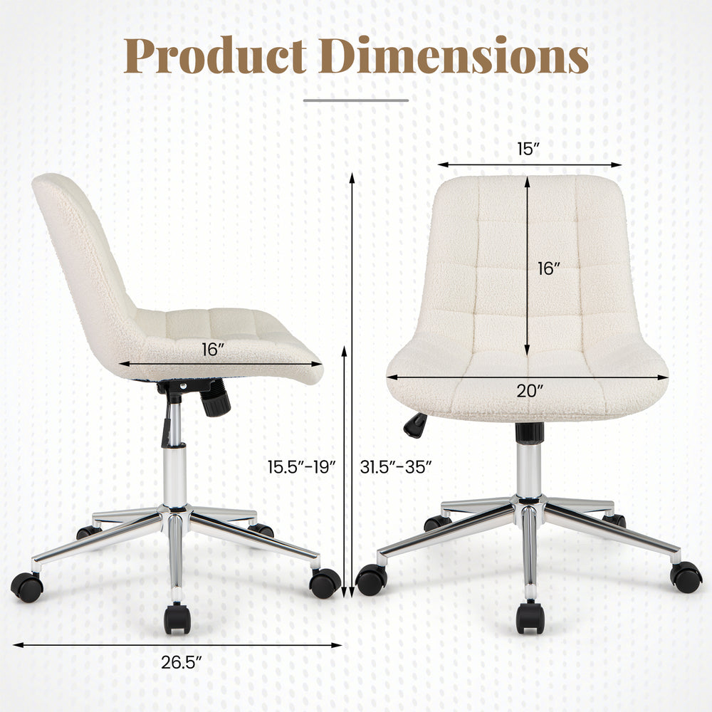 Teddy fleece armless office chair dimensions showing adjustable height and ergonomic design for comfort in small spaces.