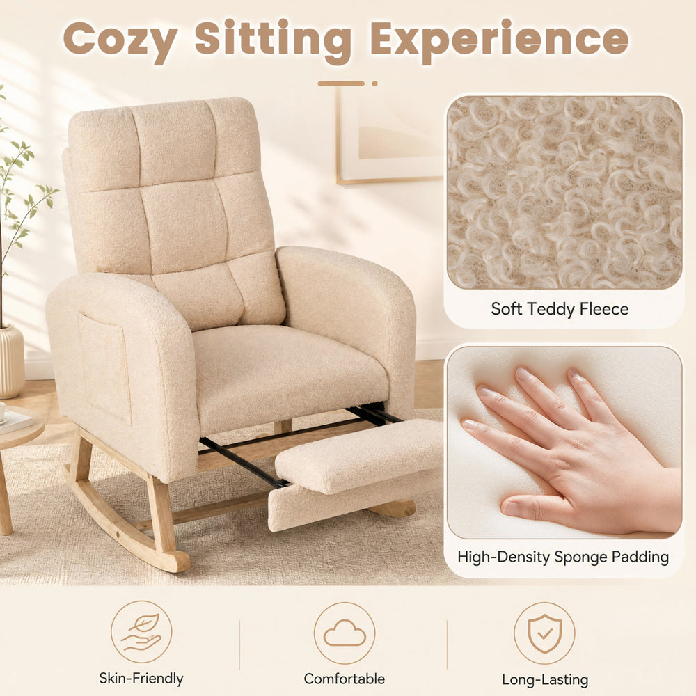 Beige teddy upholstered rocking chair with retractable footrest, high-density sponge padding, and ergonomic design for comfort.