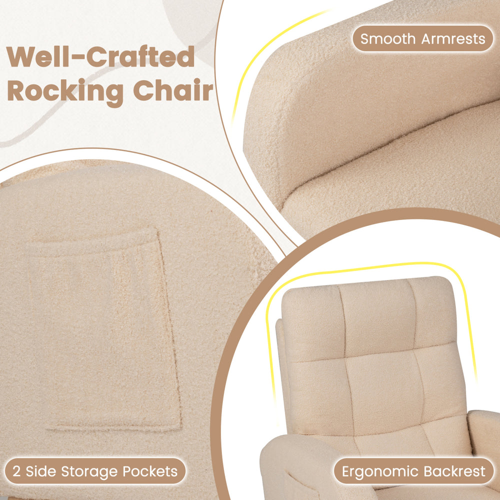 Beige teddy upholstered rocking chair with ergonomic backrest, smooth armrests, and two side storage pockets for convenience.