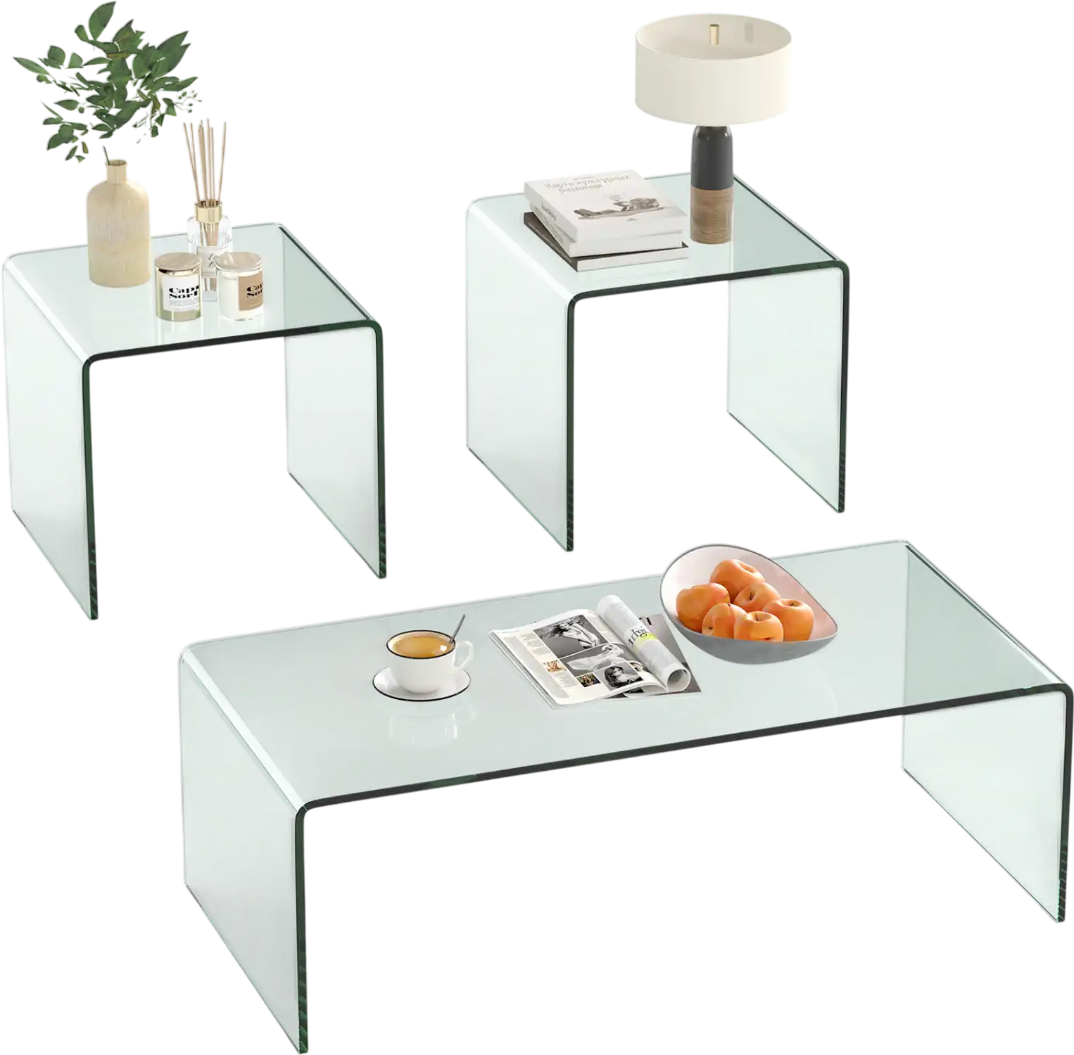 Costway Tempered Glass Coffee Table Set w/ 2 End Tables 34691223 New