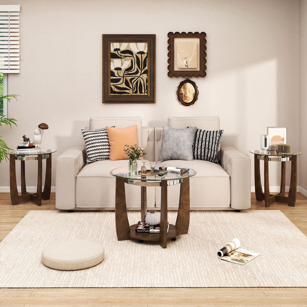 Tempered Glass Coffee Table Set of 3 for Living Room Bedroom-Walnut - Gallery View 1 of 8