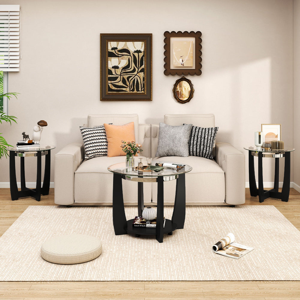 Tempered glass coffee table set of 3 with black rubber wood frame, ideal for living room or bedroom decor.