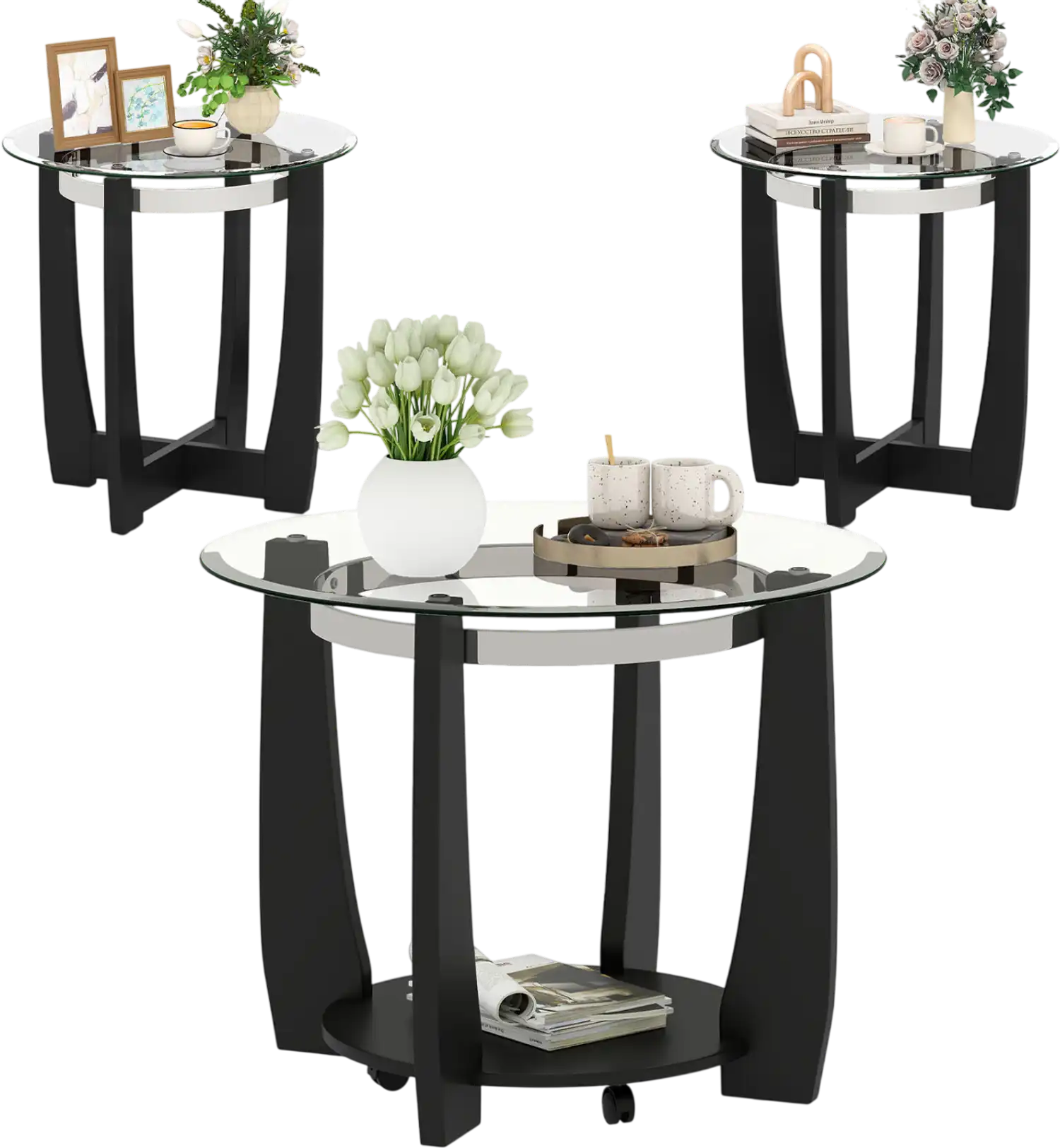 Costway Tempered Glass Coffee Table Set of 3 Living Room Bedroom 79465207 New