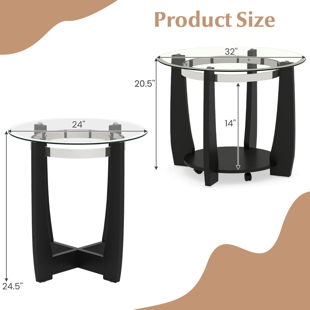 Tempered glass coffee table dimensions showing a sleek black rubber wood frame and universal wheels for easy mobility.