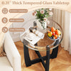 Round tempered glass coffee table with a solid rubber wood frame, featuring a wide tabletop for versatile use in living.