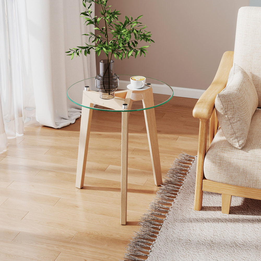 Tempered Glass End Table Round with Solid Rubber Wood Structure-1 Piece - Gallery View 1 of 10