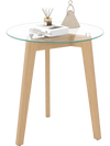 Tempered glass end table with solid rubber wood legs, showcasing a minimalist design, perfect for modern home decor.