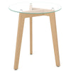 Round tempered glass end table with solid rubber wood legs, ideal for living room or bedroom use.