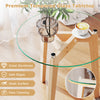 Round tempered glass end table with solid rubber wood legs, ideal for living room or bedroom use, featuring sleek.