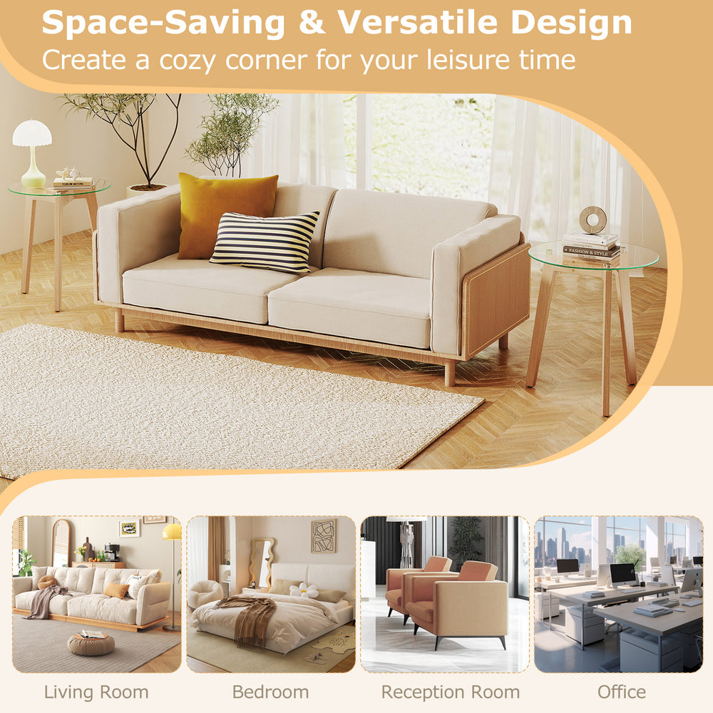 Round tempered glass end table with solid rubber wood legs, ideal for living room, bedroom, or home office use.