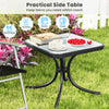 Tempered glass top patio table with heavy-duty metal frame, perfect for garden or poolside use, featuring a spacious.