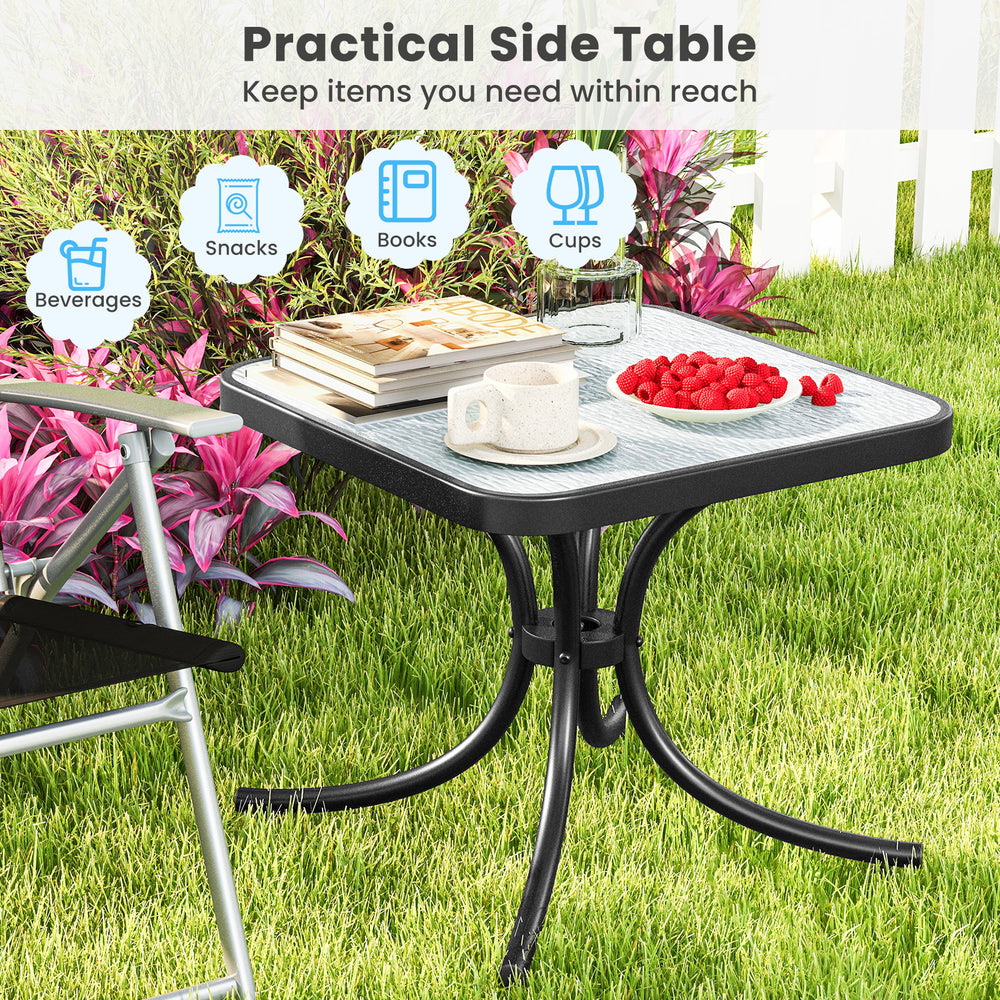 Tempered glass top patio table with heavy-duty metal frame, perfect for garden or poolside use, featuring a spacious.
