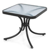 Tempered glass top patio table with heavy-duty black metal frame, perfect for garden or poolside use.