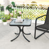 Tempered glass top patio table with rounded corners and sturdy black metal frame, designed for easy maintenance and.