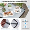Tempered glass top patio table with heavy-duty metal frame, featuring rounded corners and easy-to-clean surface for.