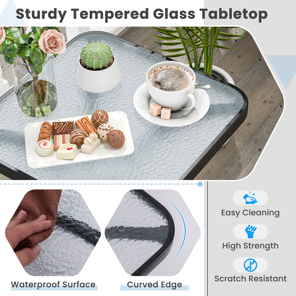 Tempered glass top patio table with heavy-duty metal frame, featuring rounded corners and easy-to-clean surface for.