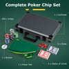 Complete Texas Holdem poker chip set with 400 chips, aluminum suitcase, poker felt, and two decks of cards for gaming.