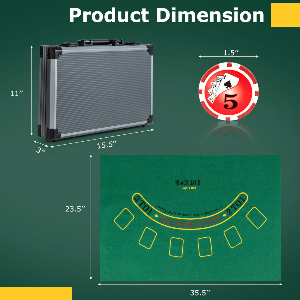Texas Holdem poker chip set dimensions with 400 black chips, aluminum case, and poker felt for gaming fun.