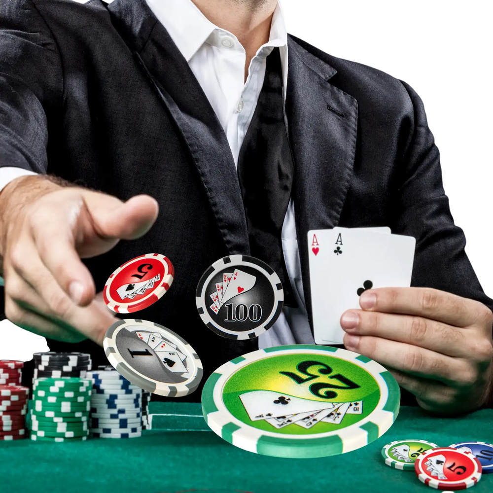 Texas Holdem poker chip set with 300 high-quality chips in five colors, ideal for tournaments and casual gaming.
