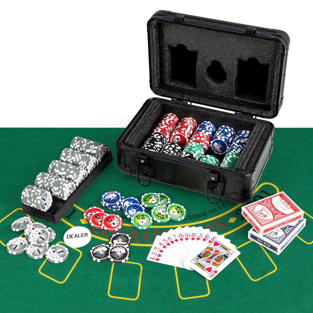 Texas Holdem poker chip set with 300 chips in black aluminum case, ideal for tournaments and casual gaming sessions.