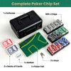 Complete Texas Holdem poker chip set with 300 chips, aluminum suitcase, cards, and poker felt for game nights.
