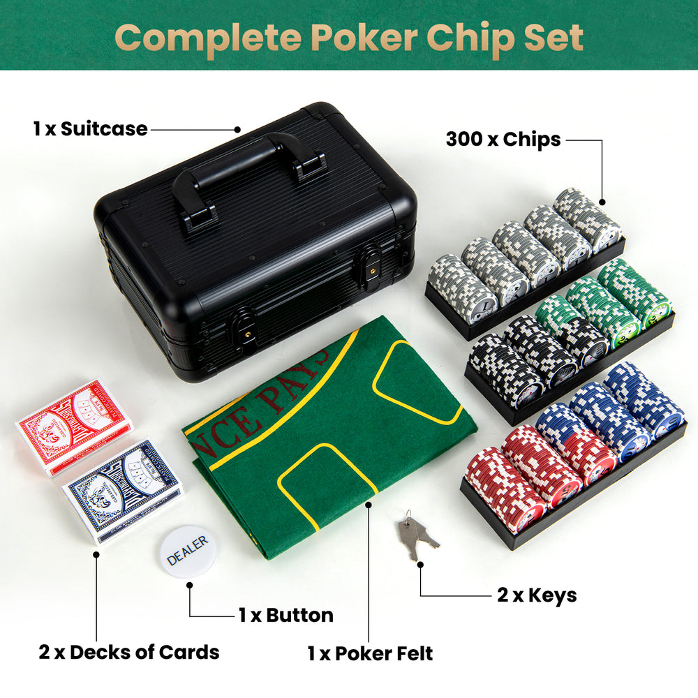 Complete Texas Holdem poker chip set with 300 chips, aluminum suitcase, cards, and poker felt for game nights.