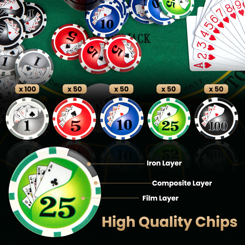 High-quality Texas Holdem poker chip set with 300 pieces in five colors, ideal for tournaments and casual gaming.