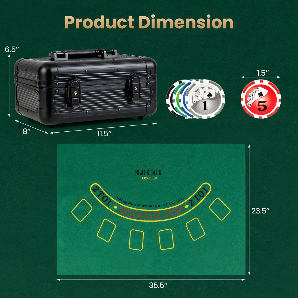 Texas Holdem poker chip set with 300 chips in a portable aluminum case, ideal for tournaments and gatherings.