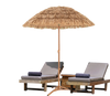 Thatched tiki umbrella with foldable stand, made of polyester and PP, providing sun protection by the poolside.